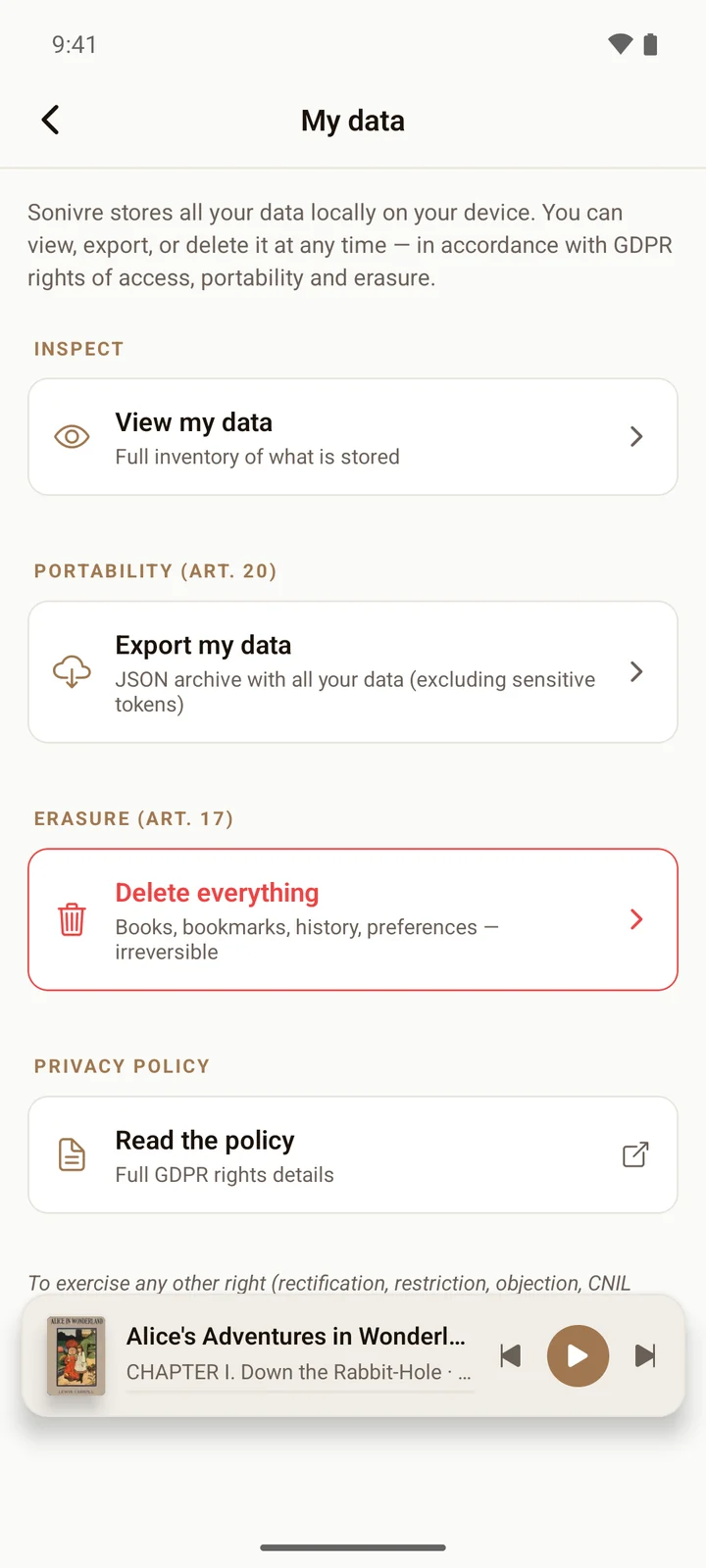 My data screen (GDPR)