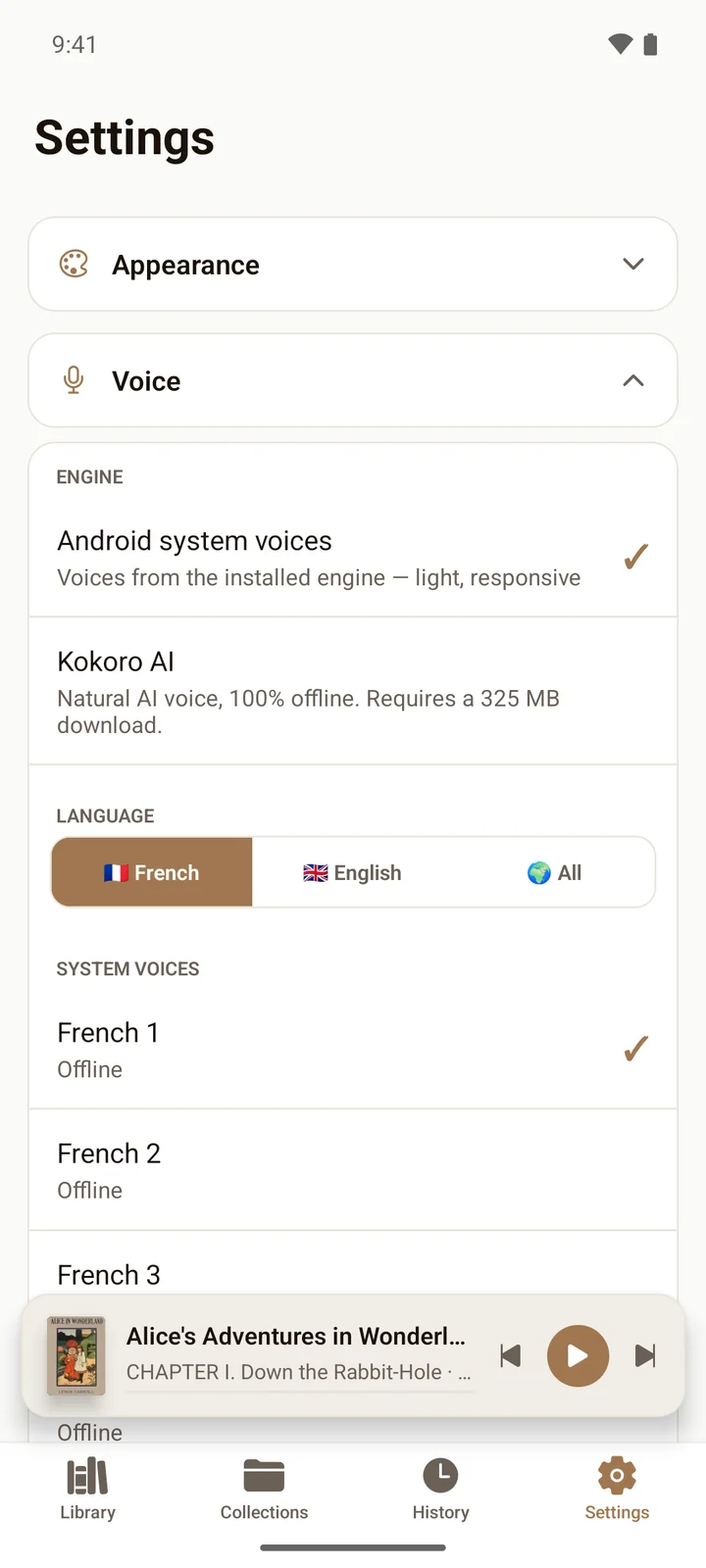 Sonivre settings screen